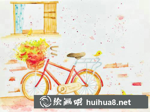 窗前的自行車水彩畫
