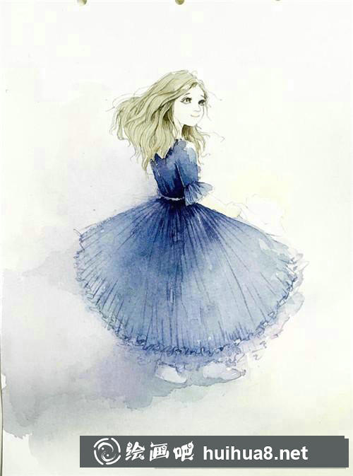 穿藍(lán)紗裙的小姑娘水彩畫