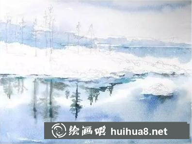 水彩畫湖面