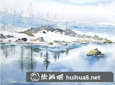 水彩畫湖面