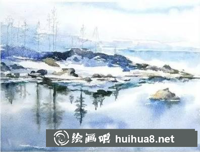 水彩畫湖面