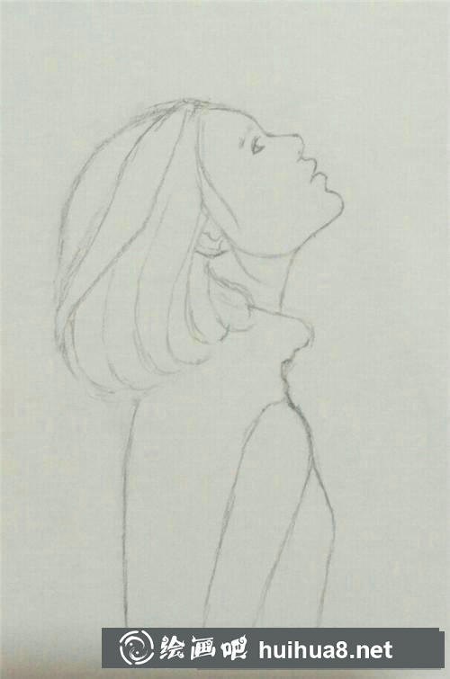 仰望天空的女子線稿