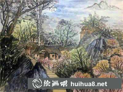 月下村落水彩