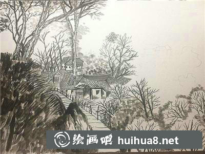 月下村落水彩