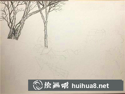 月下村落水彩