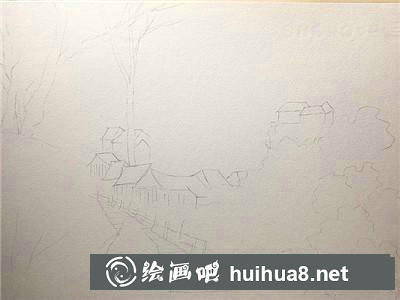 月下村落水彩
