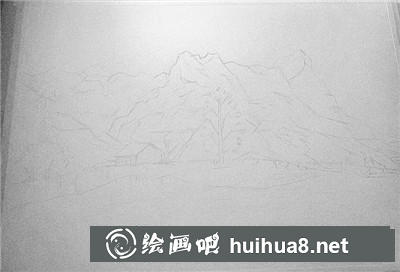 雪山與湖水線稿
