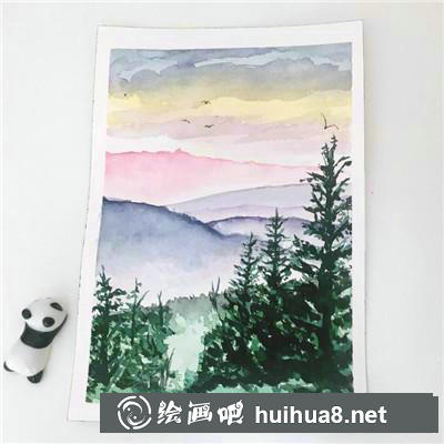 遠(yuǎn)山和樹水彩