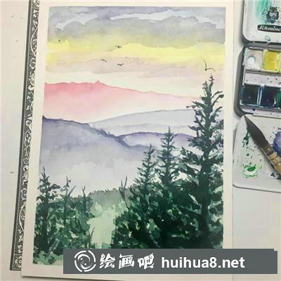 遠(yuǎn)山和樹水彩