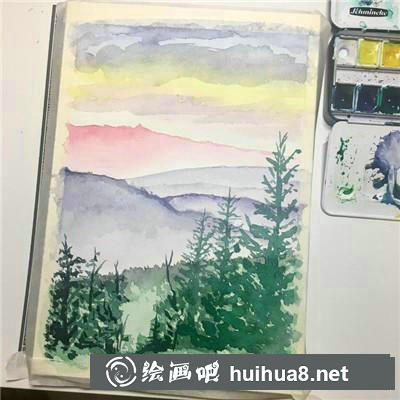 遠(yuǎn)山和樹水彩