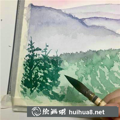 遠(yuǎn)山和樹水彩