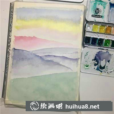 遠(yuǎn)山和樹水彩