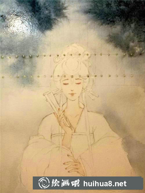 珠簾后的古風(fēng)美人水彩畫