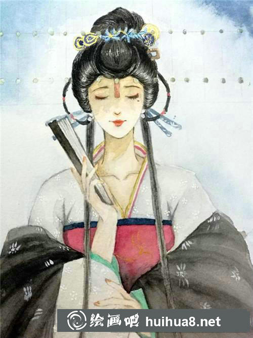 珠簾后的古風(fēng)美人水彩畫