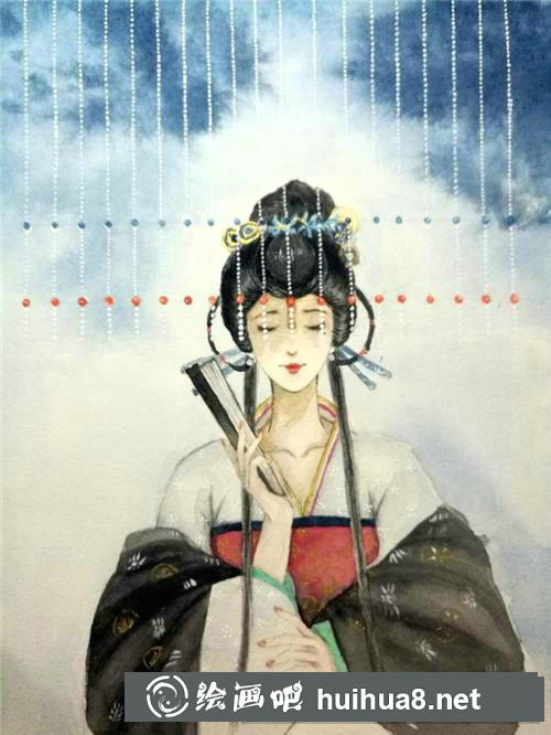 珠簾后的古風(fēng)美人水彩畫
