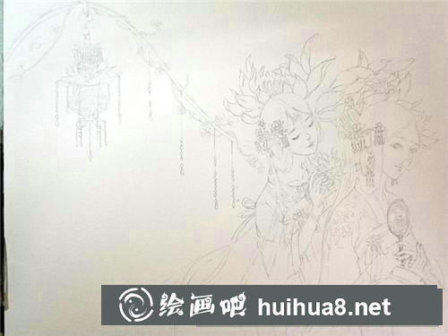 雙蓮美人水彩畫
