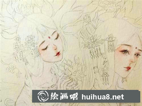 雙蓮美人水彩畫