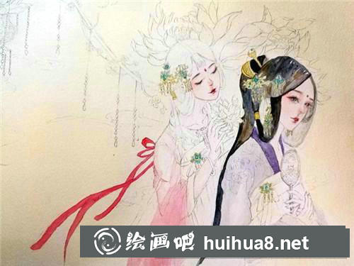 雙蓮美人水彩畫