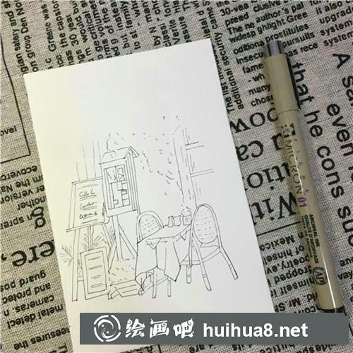 咖啡館一角彩鉛畫