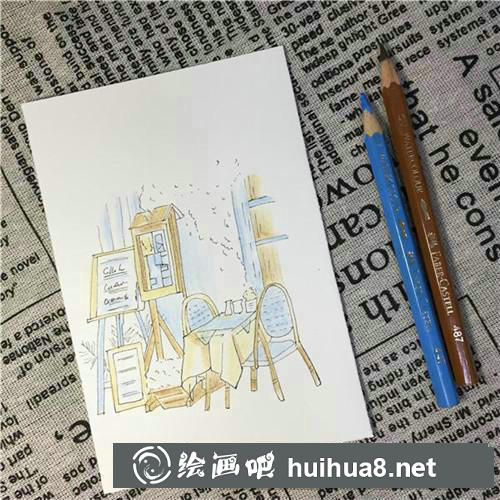 咖啡館一角彩鉛畫