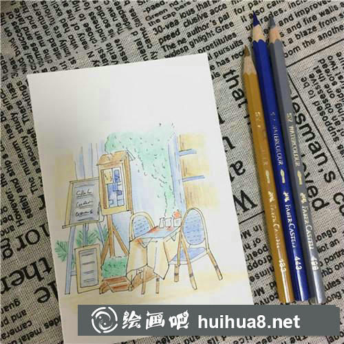 咖啡館一角彩鉛畫