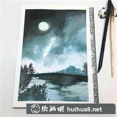 夜水彩月亮