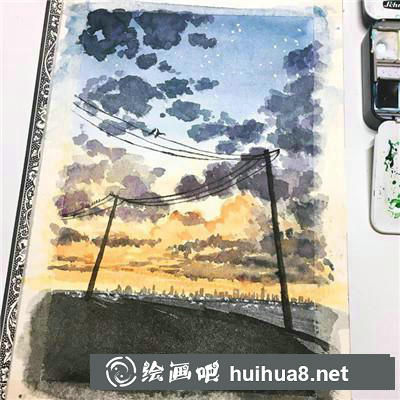 微涼的夜水彩