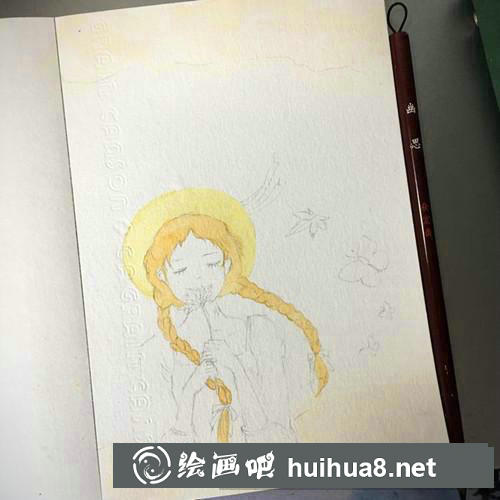 雙麻花辮女孩水彩畫