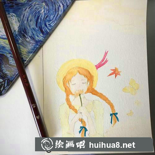 雙麻花辮女孩水彩畫