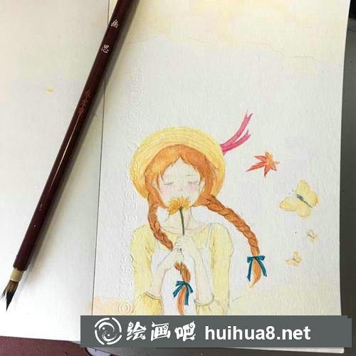 雙麻花辮女孩水彩畫