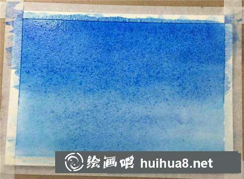藍天白云櫻花樹水彩畫