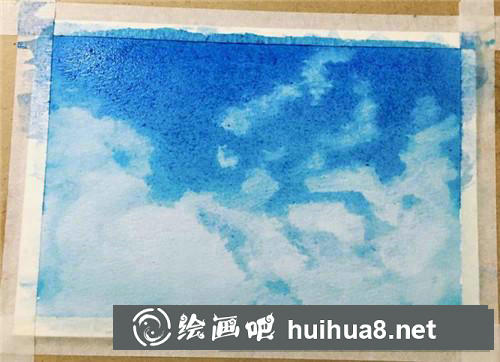 藍天白云櫻花樹水彩畫
