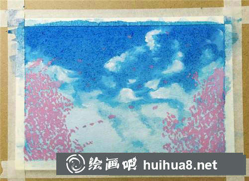 藍天白云櫻花樹水彩畫