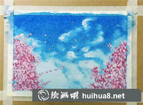 藍天白云櫻花樹水彩畫