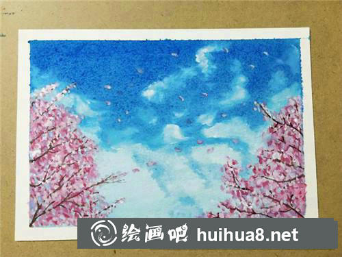 藍天白云櫻花樹水彩畫