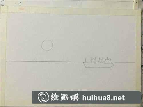 湖畔日落水彩畫