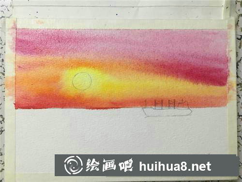 湖畔日落水彩畫