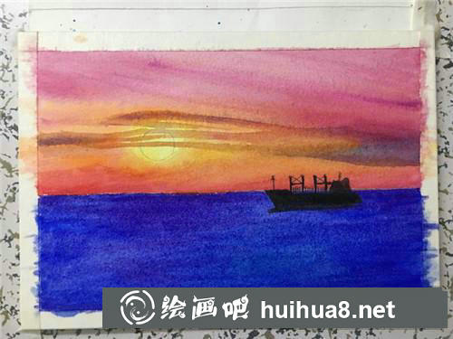 湖畔日落水彩畫