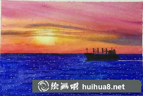 湖畔日落水彩畫