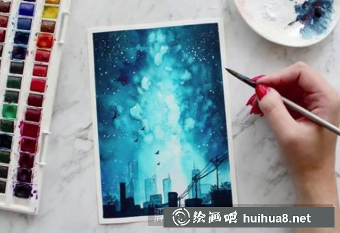水彩畫星空下的城市