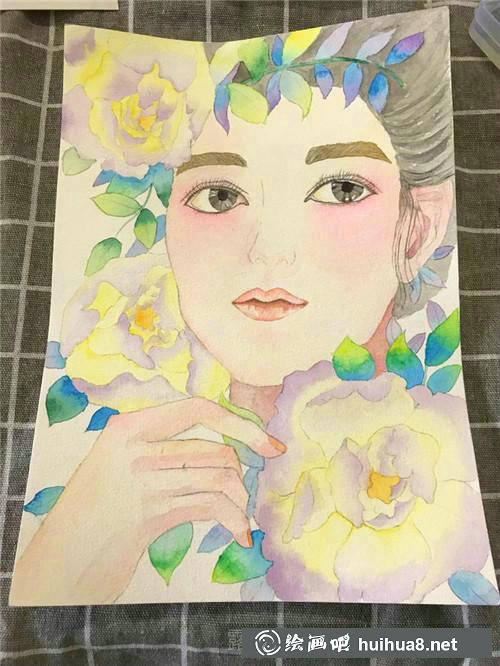 美人如花水彩畫