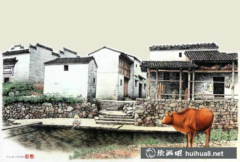 龐恩昌風景古建筑鋼筆水彩畫作品