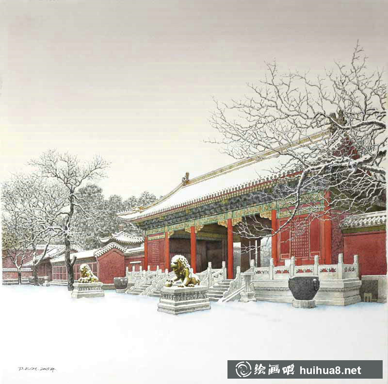龐恩昌風景古建筑鋼筆水彩畫作品