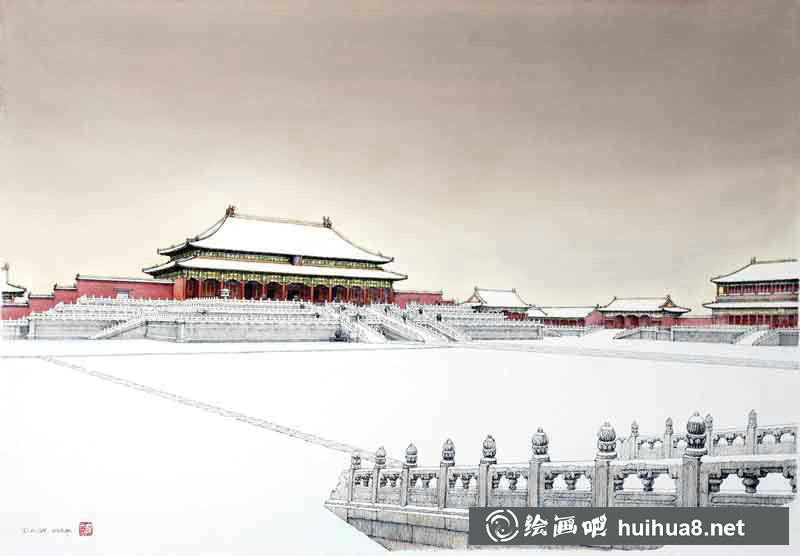 龐恩昌風景古建筑鋼筆水彩畫作品