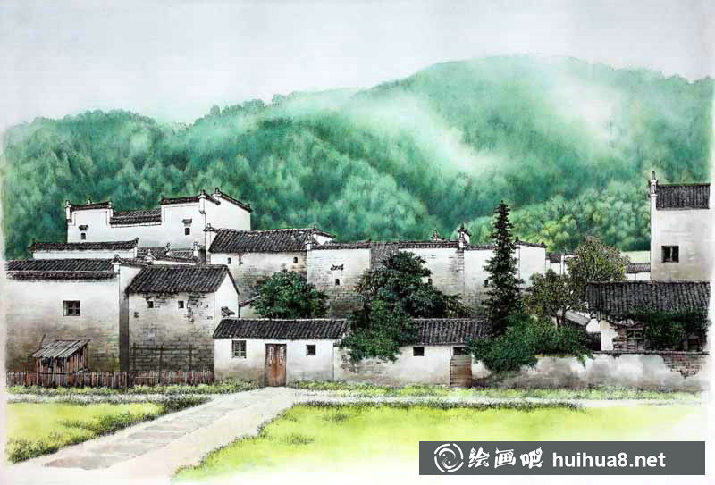 龐恩昌風景古建筑鋼筆水彩畫作品