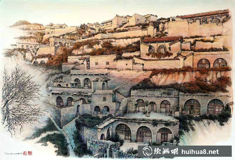 龐恩昌風景古建筑鋼筆水彩畫作品