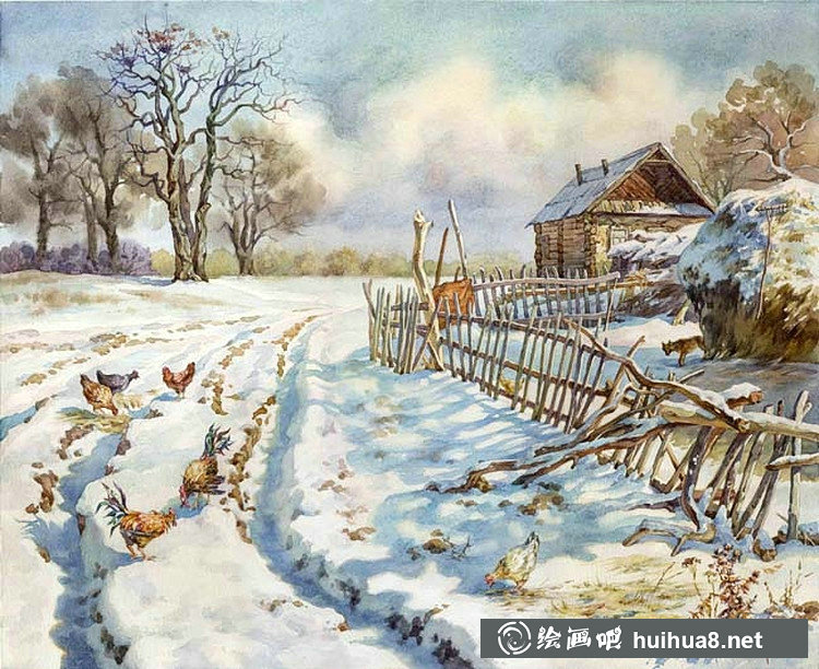 俄羅斯畫家Pugachev,Paul S雪景風景水彩畫