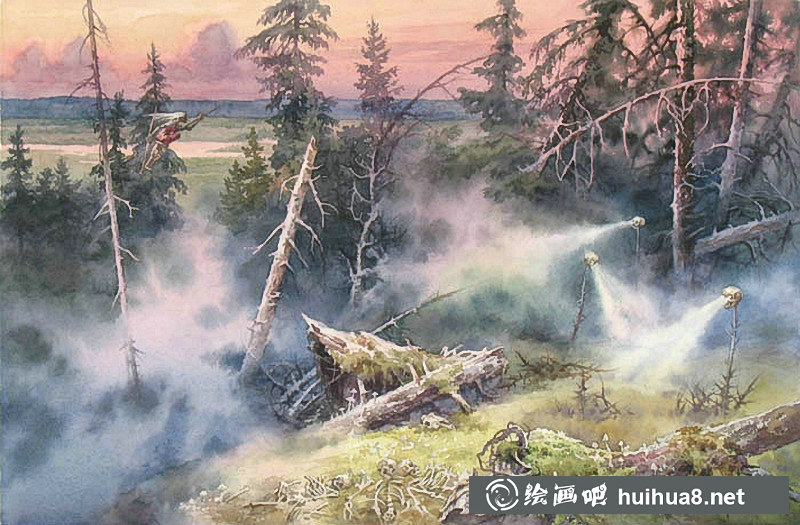 俄羅斯畫家Pugachev,Paul S雪景風景水彩畫