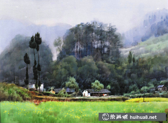 黃鐵山鄉(xiāng)村山水風景水彩畫作品