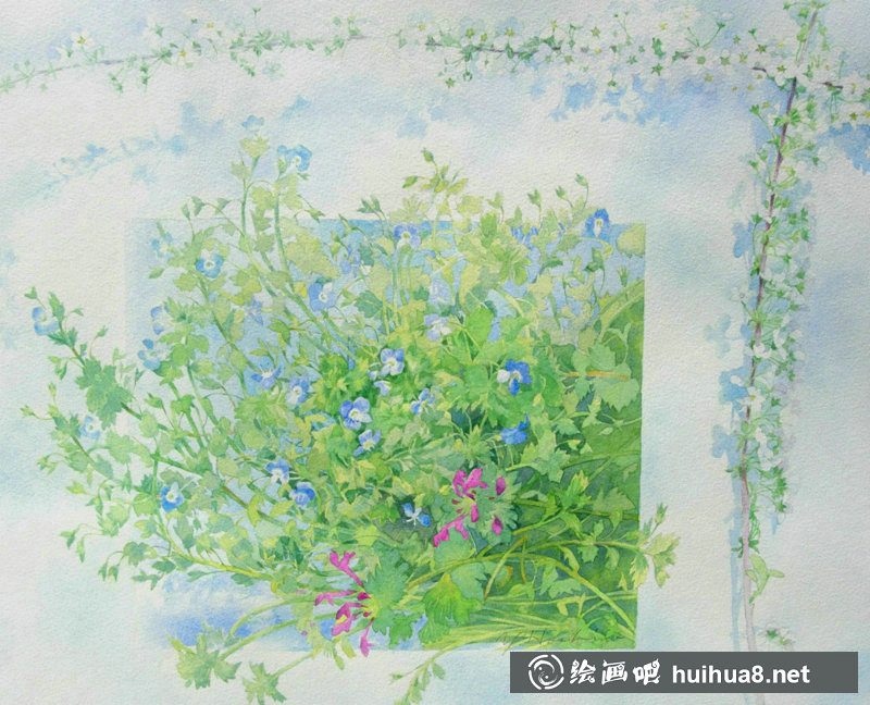 星野木綿的山間花草水彩畫